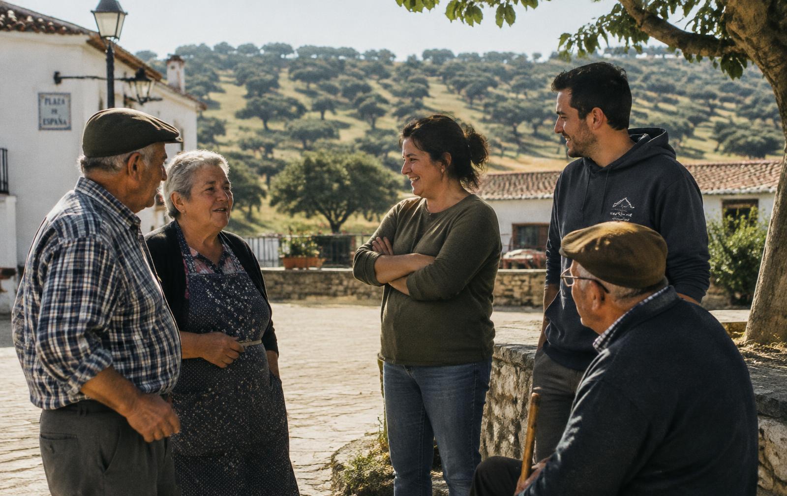 Vecinos de varias generaciones charlan en la plaza de un pueblo rodeado de dehesa